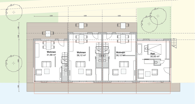 Entwurf Ferienhausquartier, Grundriss Inselhäuser als Reihenhaustyp Grundriss Inselhäuser als Reihenhaustyp, Entwurf Ferienhausquartier