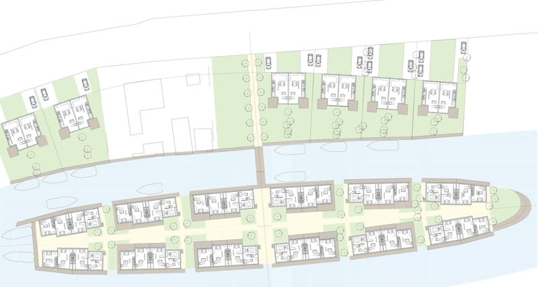 Entwurf Ferienhausquartier, Lageplan: 150 Meter lange Insel in Form eines Schiffsrumpfs Lageplan: 150 Meter lange Insel in Form eines Schiffsrumpfs, Entwurf Ferienhausquartier