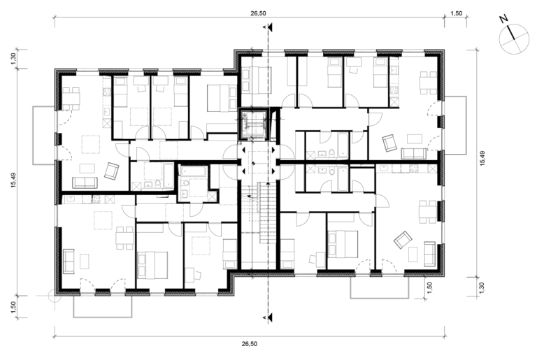 Grundriss Obergeschoss: Mehrfamilienhaus mit 14 Wohneinheiten Mehrfamilienhaus mit 14 Wohneinheiten, Grundriss Obergeschoss