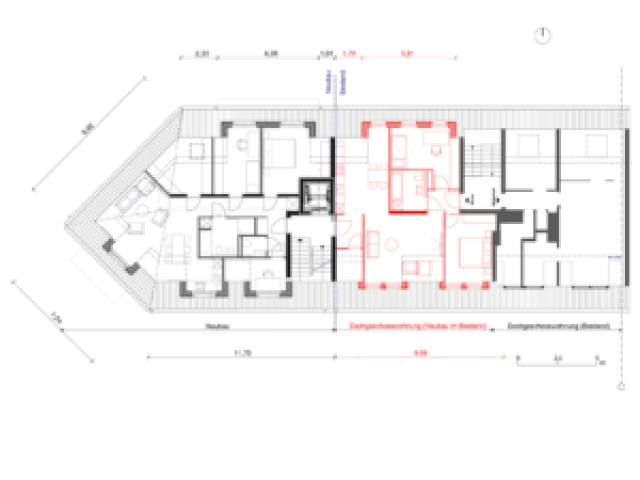 Mehrfamilienhausanbau mit 5 Wohneinheiten, Grundriss Dachgeschoss Im Altbestand wurde eine weitere Wohnung im Dachgeschoss geschaffen, Grundriss Dachgeschoss