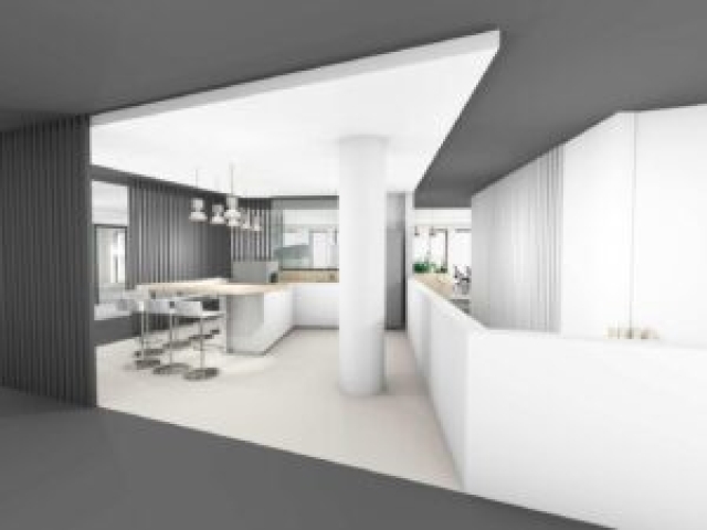Neubau Bürogebäude mit repräsentativer Banknutzung, 3D-Visualisierung Cafebereich 3D-Visualisierung Cafeteria, Neubau Bürogebäude mit repräsentativer Banknutzung