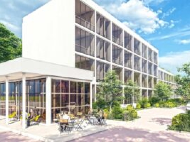 Visualisierung mit Café, Sanierung Bürogebäude