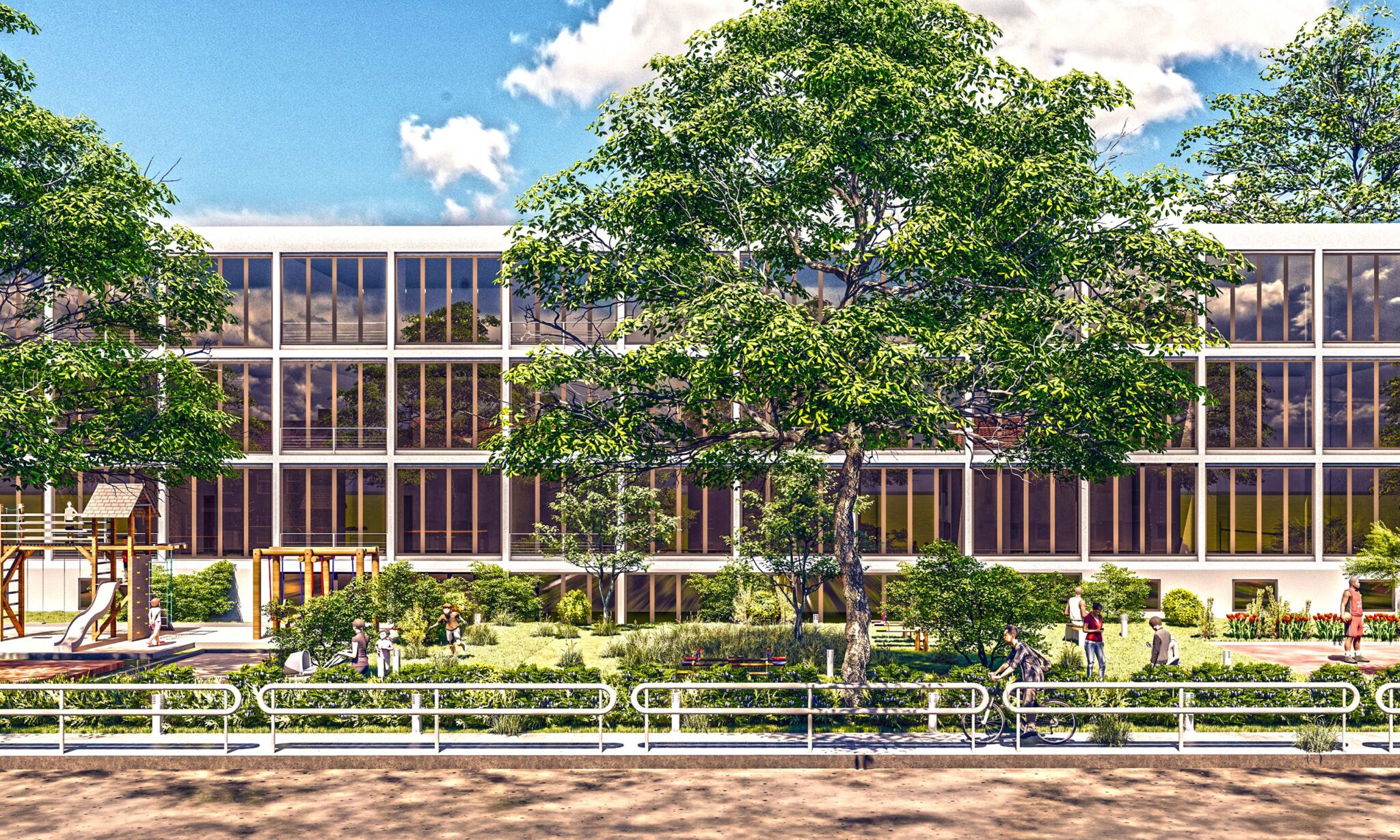 Visualisierung mit Stellplätzen, Sanierung Bürogebäude