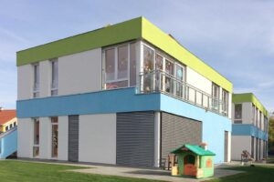 Kita Neubau in Bohnsdorf, Außenansicht Gebäude, Südwestansicht Außenansicht Gebäude, Südwestansicht, Kita Neubau in Bohnsdorf