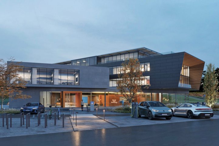 Vorderansicht der Bank in Holz-Hybrid-Bauweise Bankgebäude, Visualisierung Vorderansicht