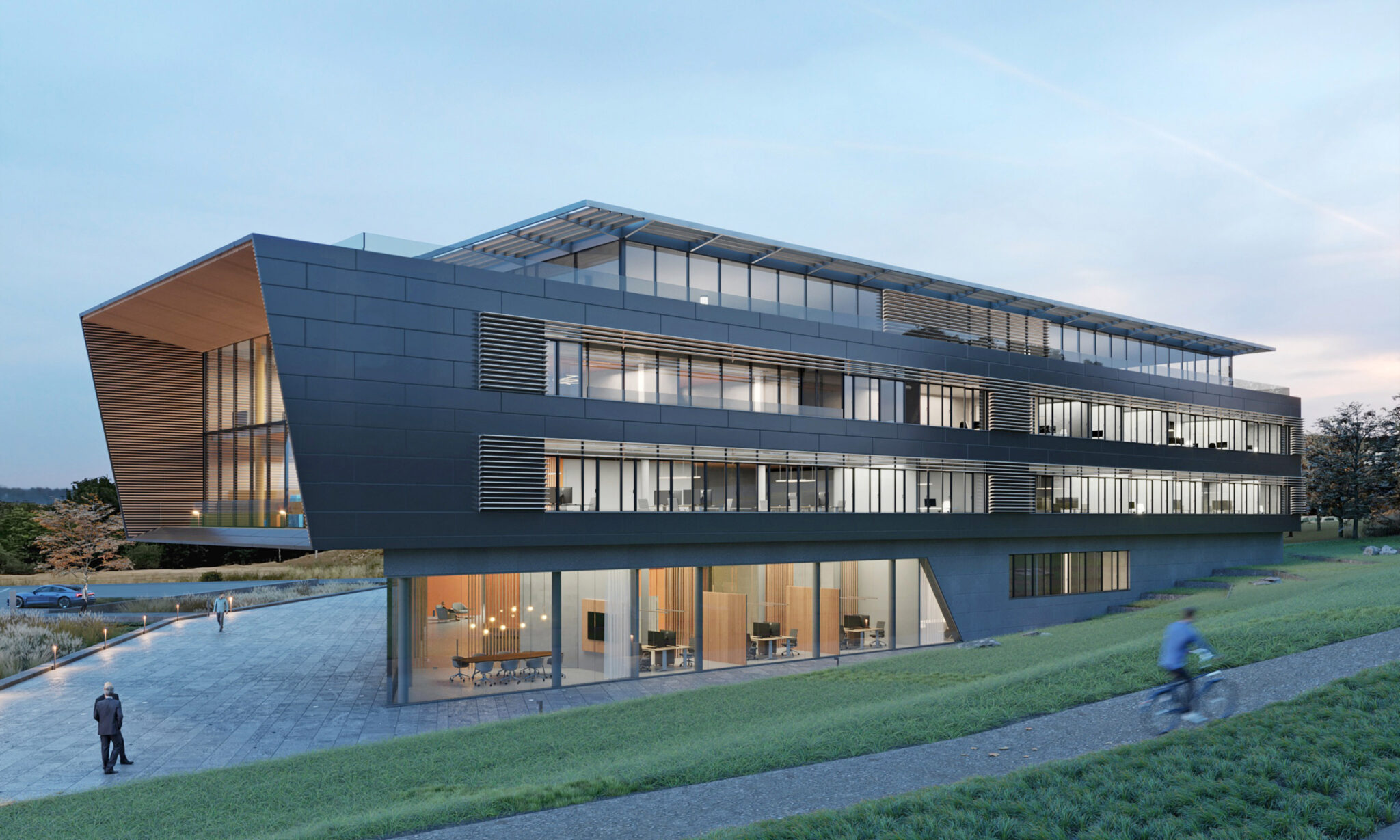Bankgebäude in Holz Hybrid Bauweise, Seitenansicht, Visualisierung