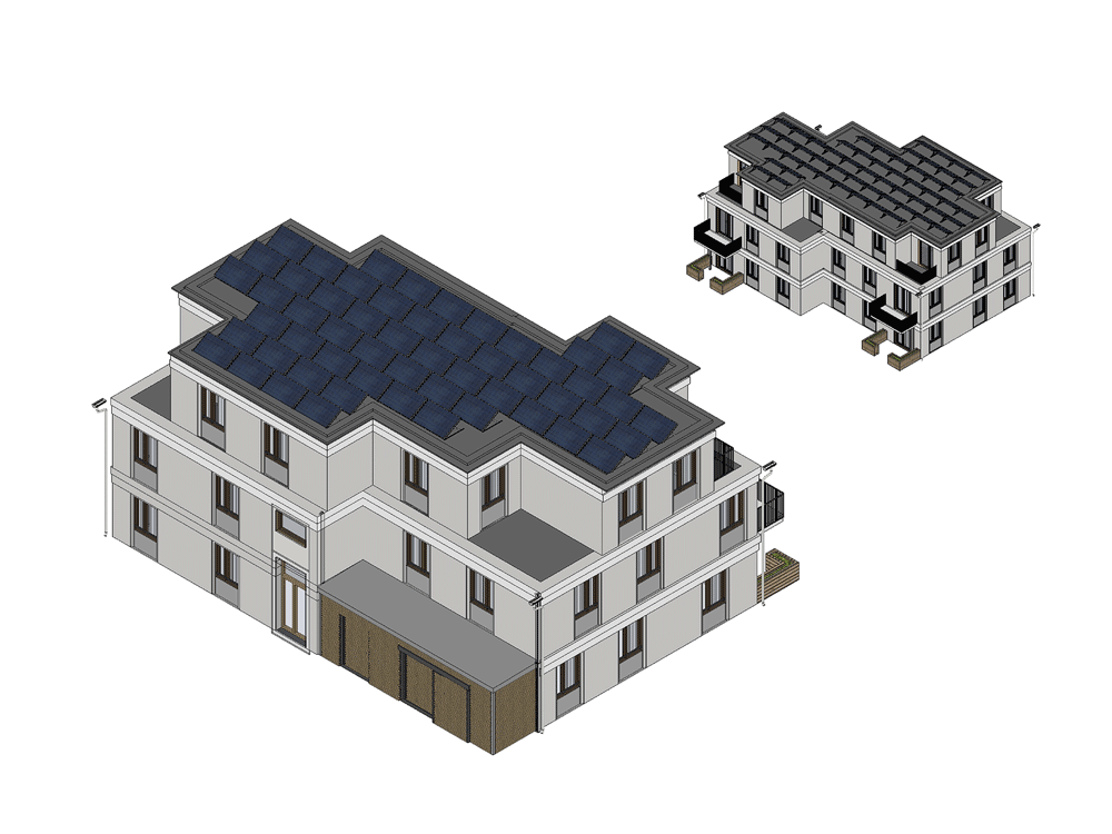 Ansicht Prototyp Gebäudetyp-E, Hamburg Standard, mit heller Putzfassade und