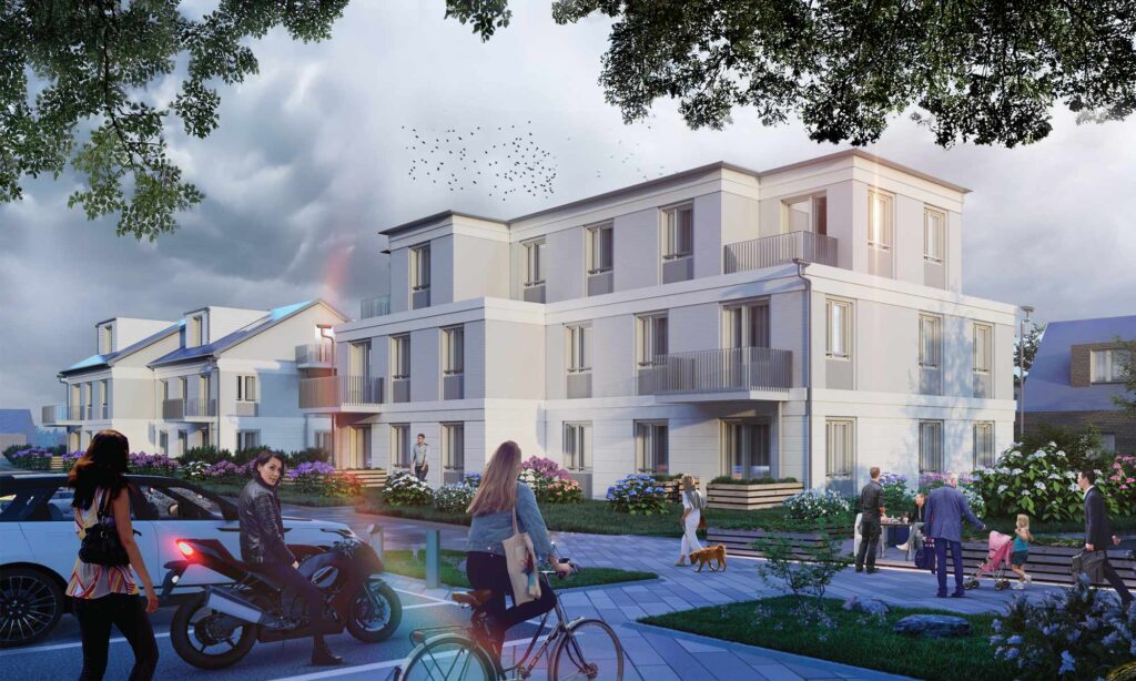 Visualisierung Prototyp Gebäudetyp-E, Hamburg Standard, mit heller Putzfassade