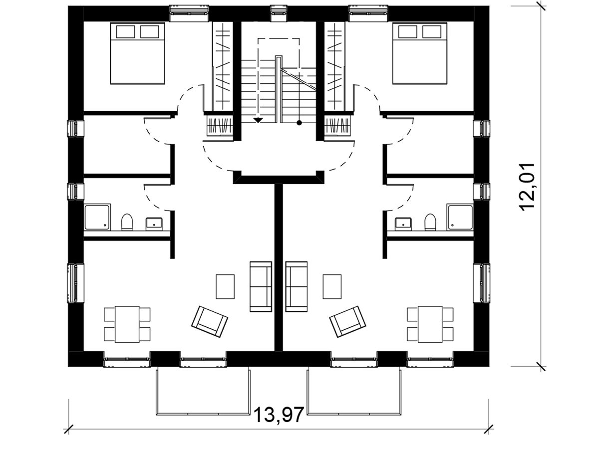 Grundriss Mehrfamilienhaus 2-Spänner
