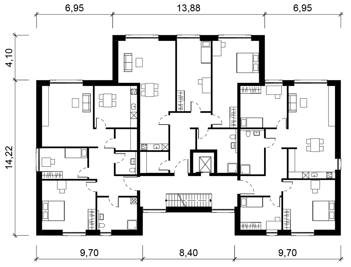 Grundriss Mehrfamilienhaus 3-Spänner